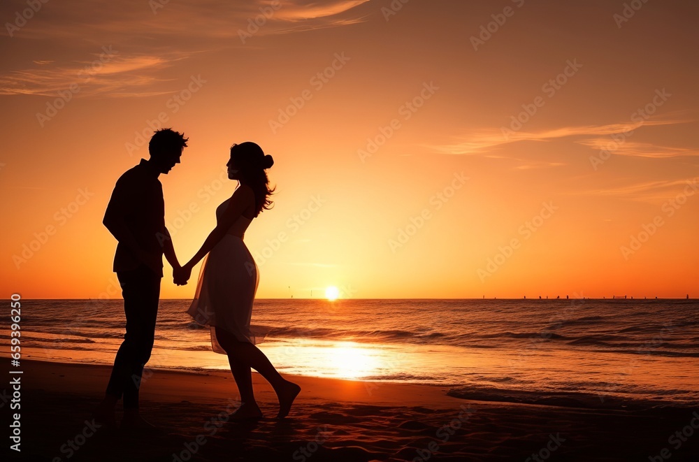 Sunset Serenity: Silhouette of a Couple on the Beach.
