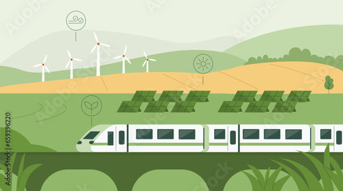
Sustainable transportation concept. Trian passing through fields with solar panels and wind turbines. Rail transport sustainability. Vector illustration.
