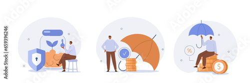 High interest rates concept illustration. Collections of characters opening savings account and receiving interest on deposits. Low risk investments. Vector illustrations set.