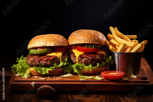 Two beef burgers with french fries on wooden cutting board