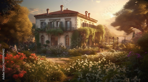 Beautiful old times Italian villa covered in foliage and flowers  Fantasy theme