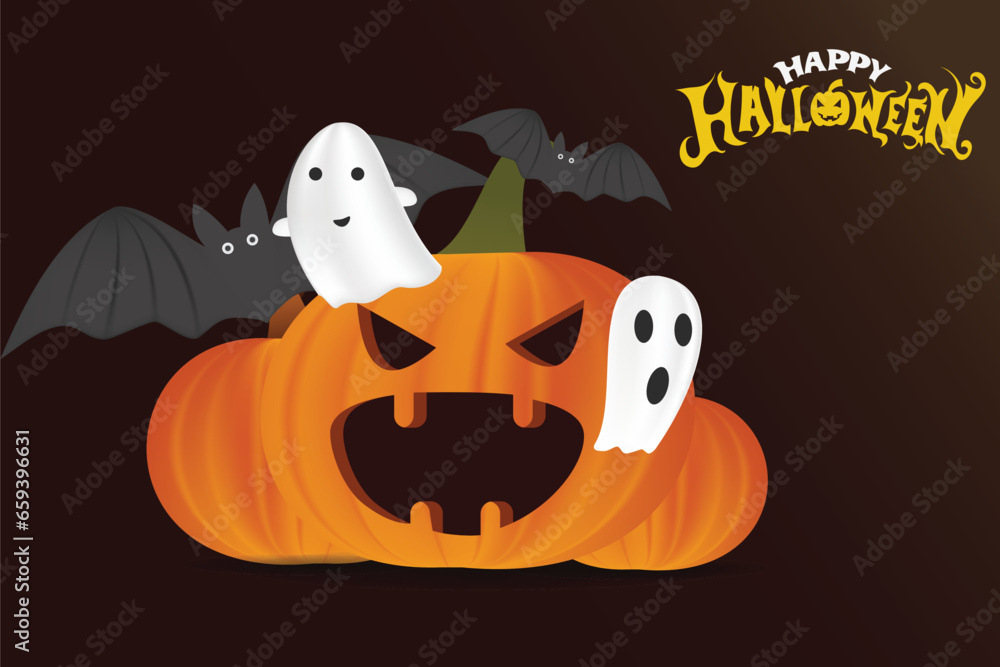 Happy Halloween Orange festive banner with 3d  pumpkins, Vector illustration. Happy Halloween holiday banner.