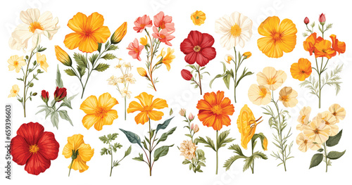 Spring flowers Illustration colorful flower set, Flower illustrations, hibiscus, jasmine, marigold #659396603