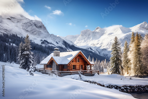 Picturesque landscape with small wooden log cabin or cottage in winter mountains. Snowy hills with blue sky on the background 