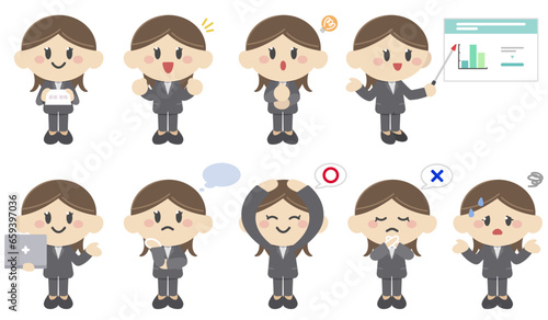 Illustrations of young woman in a suit, business people character, cartoon style