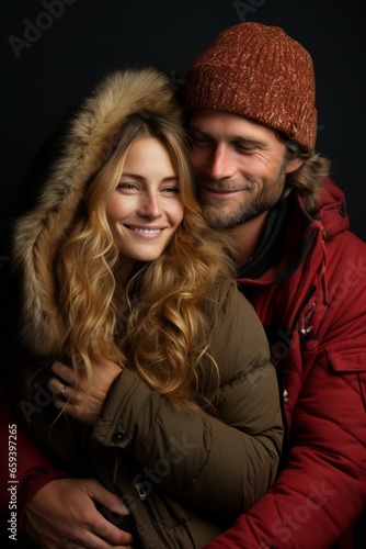 Couple in cozy winter fashion, sharing warmth and intimacy, Generative AI
