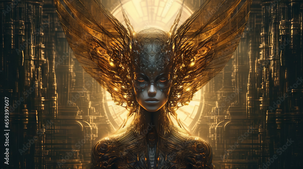 The disturbing face of artificial intelligence. Religion, fantasy, fashion, good and evil concept. Abstract and surreal looking A.I angel with wings illustration - obrazy, fototapety, plakaty 