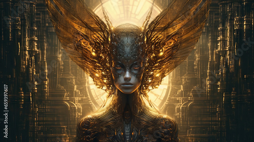 The disturbing face of artificial intelligence. Religion, fantasy, fashion, good and evil concept. Abstract and surreal looking A.I angel with wings illustration