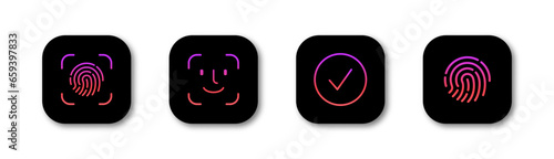 Face id icon with check mark box icon with correct or accept. Facial recognition and identification face scan line icon set, flat web sign symbol logo button. Vector 10 eps.