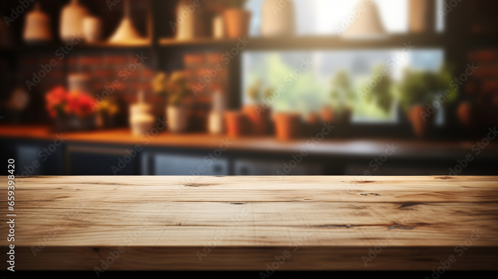 Empty wooden table and blurred background, light shining in the morning in the kitchen interior. Empty wooden table and blurred background, light shining in the morning in the kitchen interior.