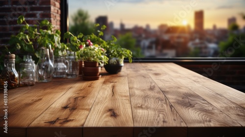 Empty wooden table and blurred background, light shining in the morning in the kitchen interior.
