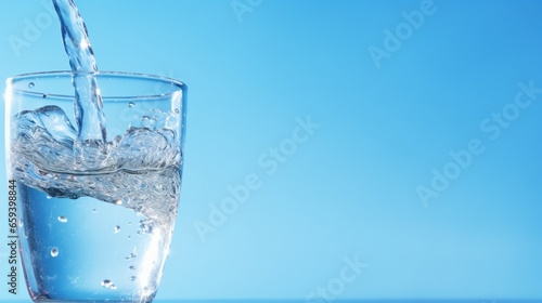Water being poured into a glass against a light blue background. A glass of fresh water with bubbles on a blue background