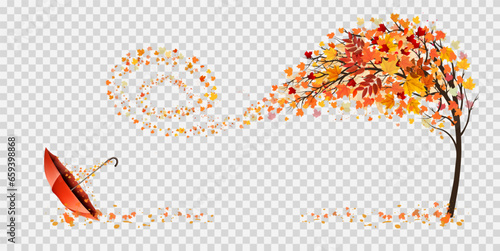 Autumn abstract background with tree and falling colourful leaves and umbrella. Vector