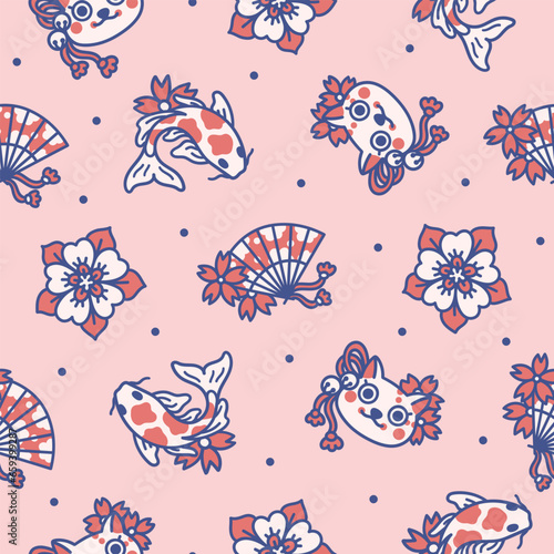 Seamless pattern with Japanise cat mask, paper hand fan, sakura flowers and koi fish carp. Endless texture in Asian style. Oriental background