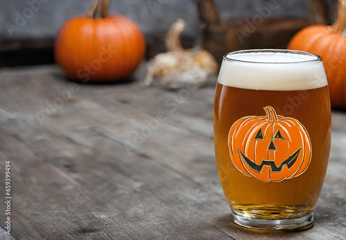 Autumn Beer with Hops and Pumpkin, Seasonal Craft Beer Scene, Fall Brew with Festive Decor, Pumpkin Ale and Hoppy Goodness