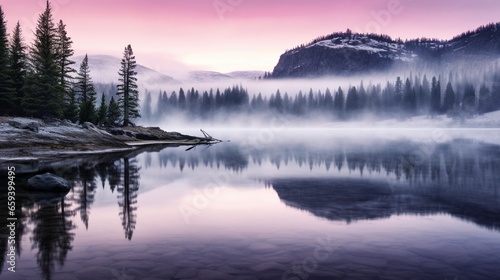 Yellowstone National Park's purple and pink reflection of a foggy mountaintop above quiet tranquil waterways.