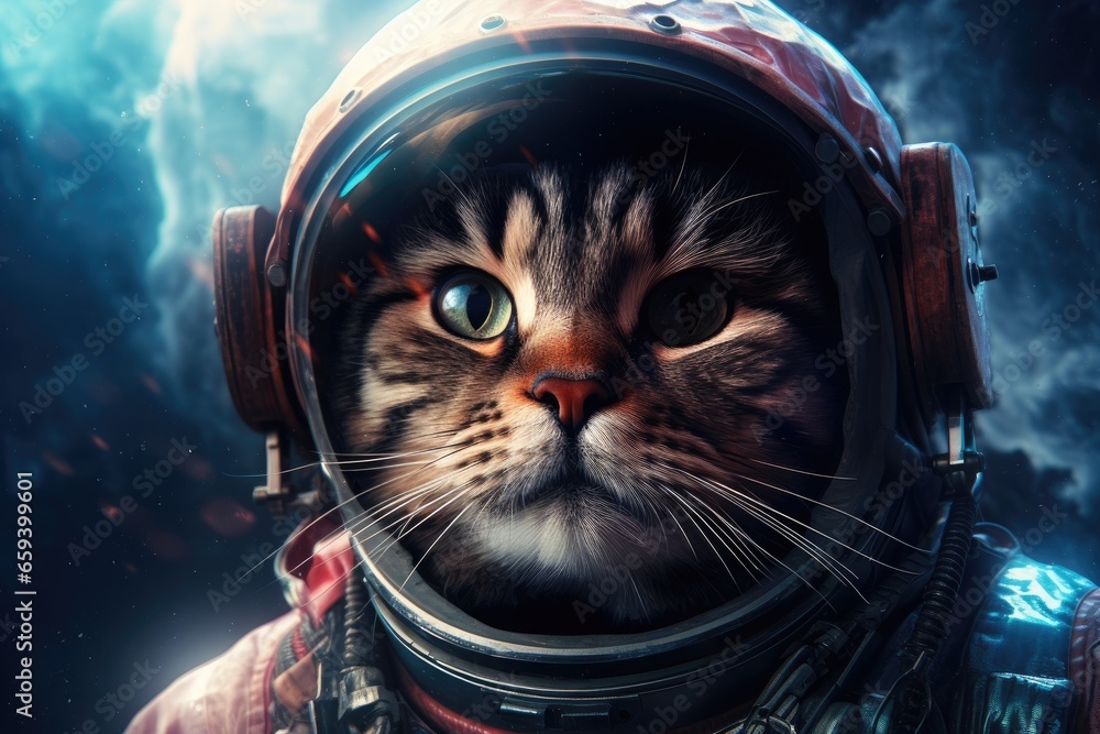 Portrait of a cat in an astronaut helmet. Cosmonaut, cat astronaut in a spacesuit on a Science fiction concept, AI Generated