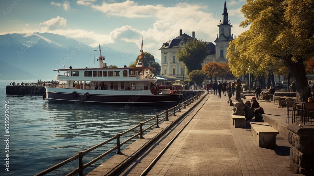 In Vevey, there is a quay with an antique ferry on Lake Geneva. - obrazy, fototapety, plakaty 