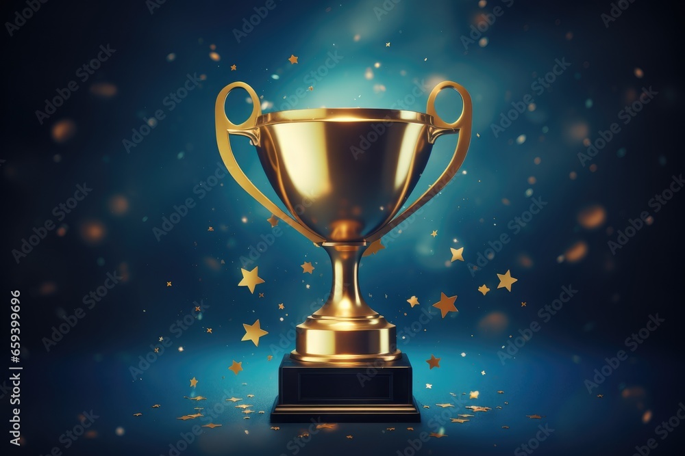 Realistic golden trophy cup on blue background. 3D Rendering, Champion golden trophy with gold stars on blue dark background, AI Generated Realistic golden trophy cup on blue background. 3D Rendering, Champion golden trophy with gold stars on blue dark background, AI Generated