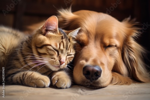 Cat and Golden Retriever lying together on the wooden floor  Cat and dog sleeping together  AI Generated