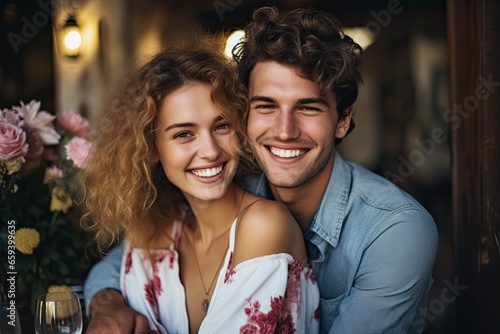 Portrait of a smiling young couple sitting in a cafe and looking at camera, caucasian happy romantic young couple celebrating their marria, AI Generated