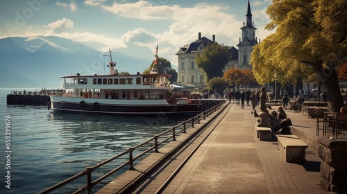 In Vevey, there is a quay with an antique ferry on Lake Geneva.