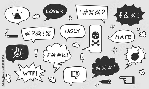 Set of speech bubbles of curses, insults with text and emoji on a gray background.