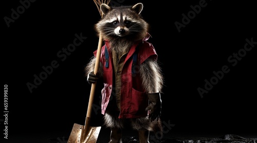 Raccoon in rubber boots holding a shovel and rake against a white background.