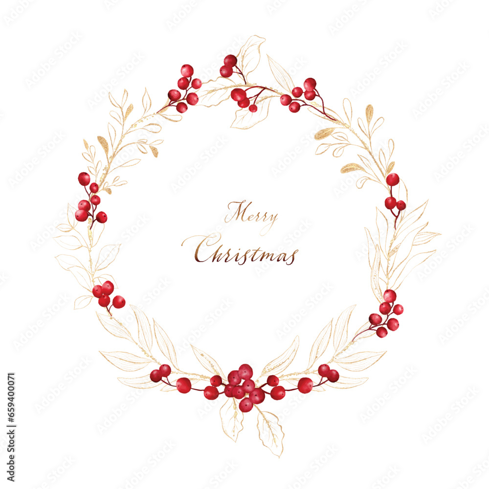 Christmas wreath frame with watercolor red berries and gold leaves