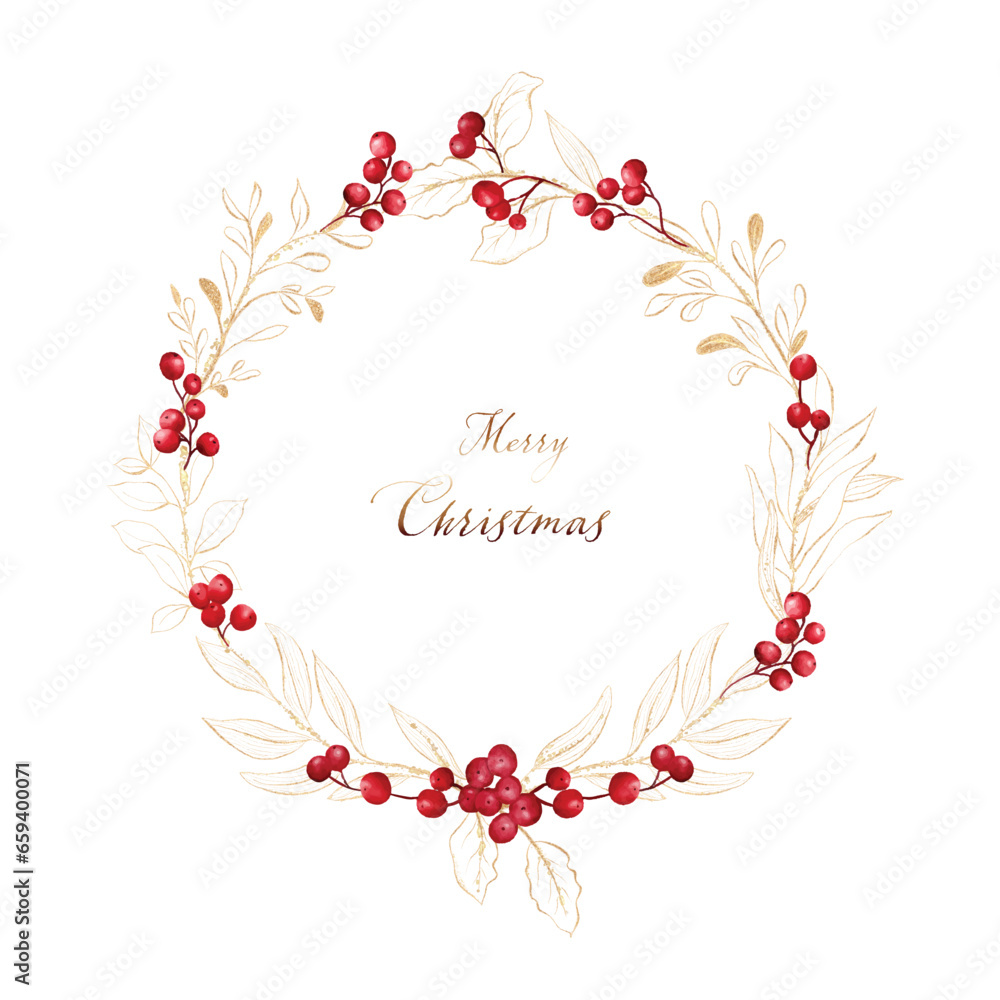 Christmas wreath frame with watercolor red berries and gold leaves Christmas wreath frame with watercolor red berries and gold leaves