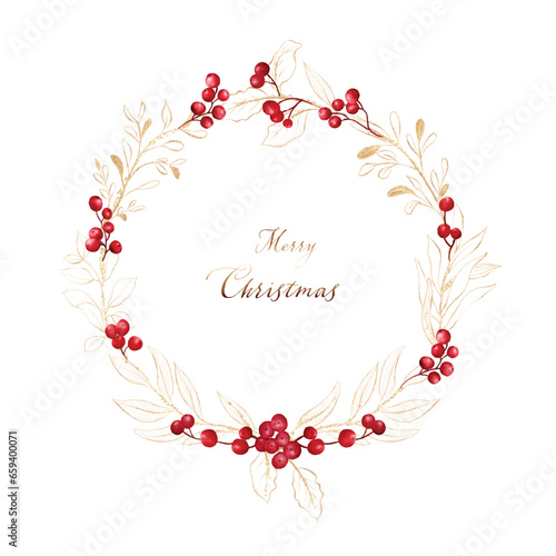 Christmas wreath frame with watercolor red berries and gold leaves