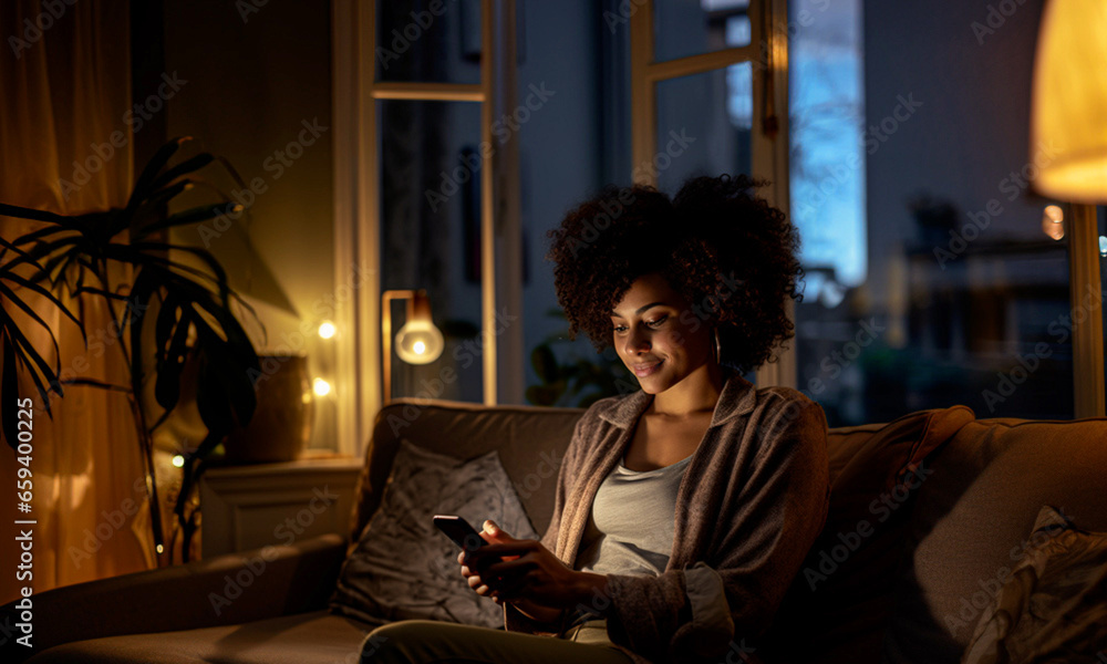 African American woman browsing with smartphone sitting on the sofa in an apartment at night