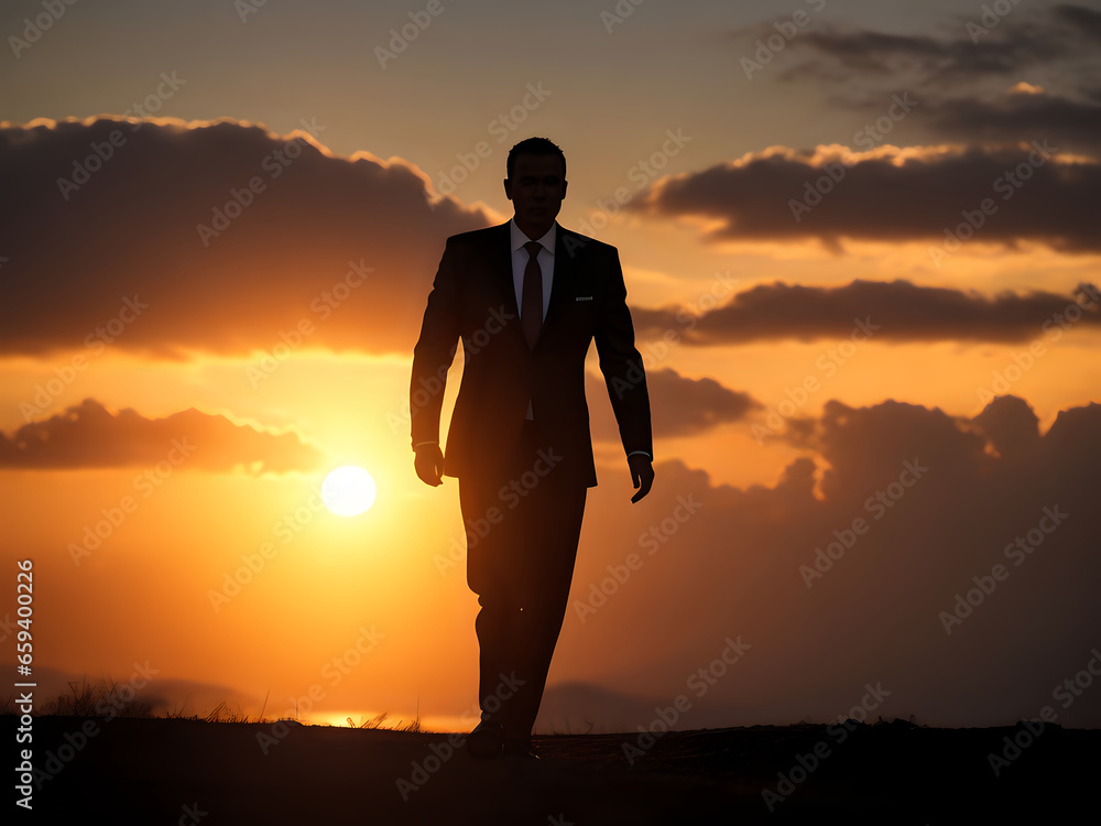silhouette of a businessman, Determination's Canvas: Businessman's Sunset Silhouette, AI Generated