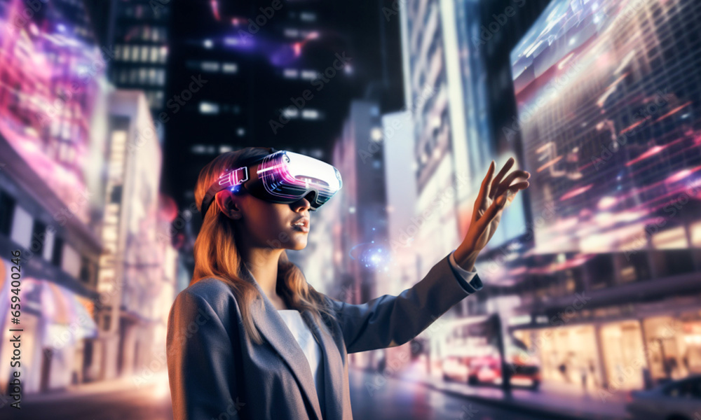 Young Businesswoman with 3D Glasses.Urban Futurism