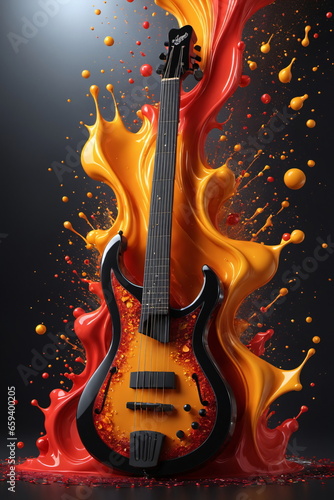 Musikinstrument Gitarre mit Farbspritzexplosion oder Farbpartikel-Splash zum World Day of Music und Weltmusiktag.