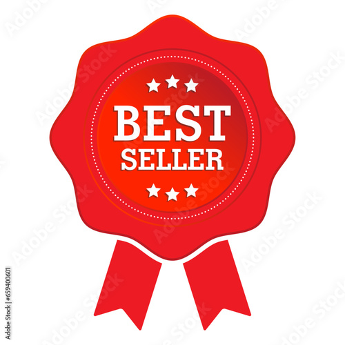 Best seller red badge with ribbon isolated on transparent background.