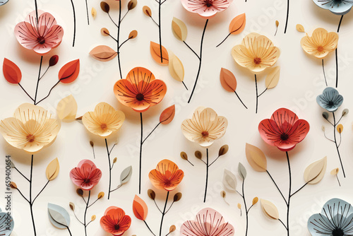 Seamless flower pattern For the design of the wallpaper or fabric, vintage style. Blooming flower painting for summer. Drawing of a branch with leaves and floral. Poppies orange.