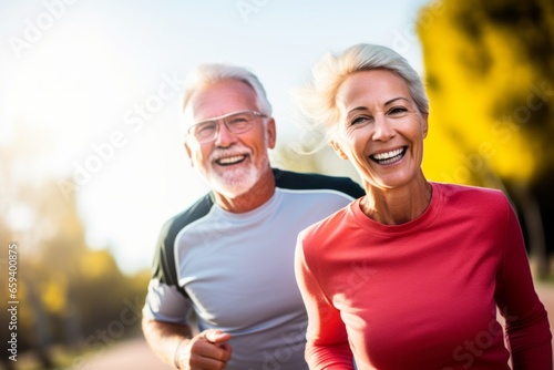 Senior adult couple on morning run, healthy lifestyle. CIty life, jogging in garden public park morning routine healthy lifestyle