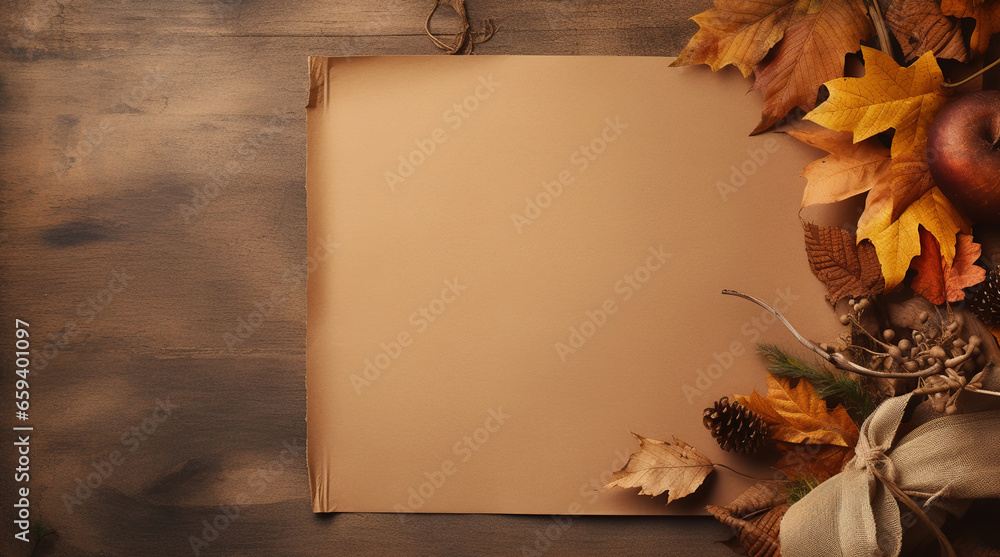 Festive autumn decor from leaves and a paper on dark wood background. Flat lay autumn composition with copy space. Generative ai