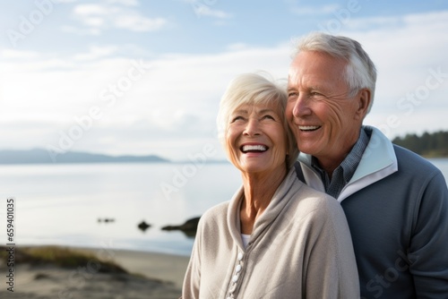 travel casual relax old age adult retired couple smiling freshness cheerful on autumn season travel vacation near ocean sea beach or water lake clear sky daylight