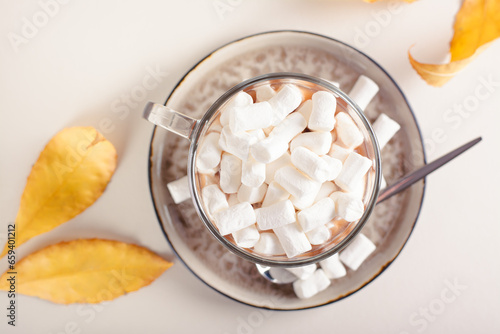 Close up of hot chocolate with marshmallows in a cup on a table among autumn leaves top view
