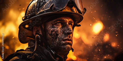 face closeup portrait shot of focus concentrate firefighter reaching into burning building
