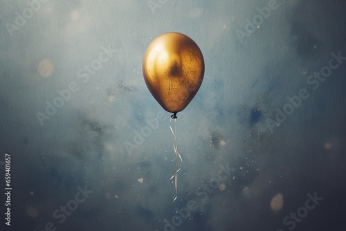 Gold balloon is hanging from side of blue wall