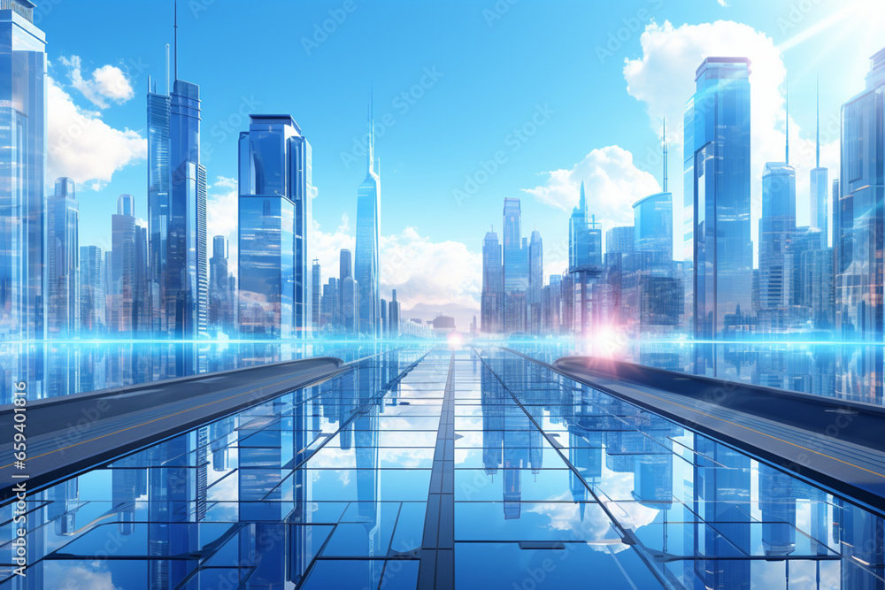Modern futuristic city, Tall Building, Skyscraper business office, Reflective high-rise buildings on Glass Walkway