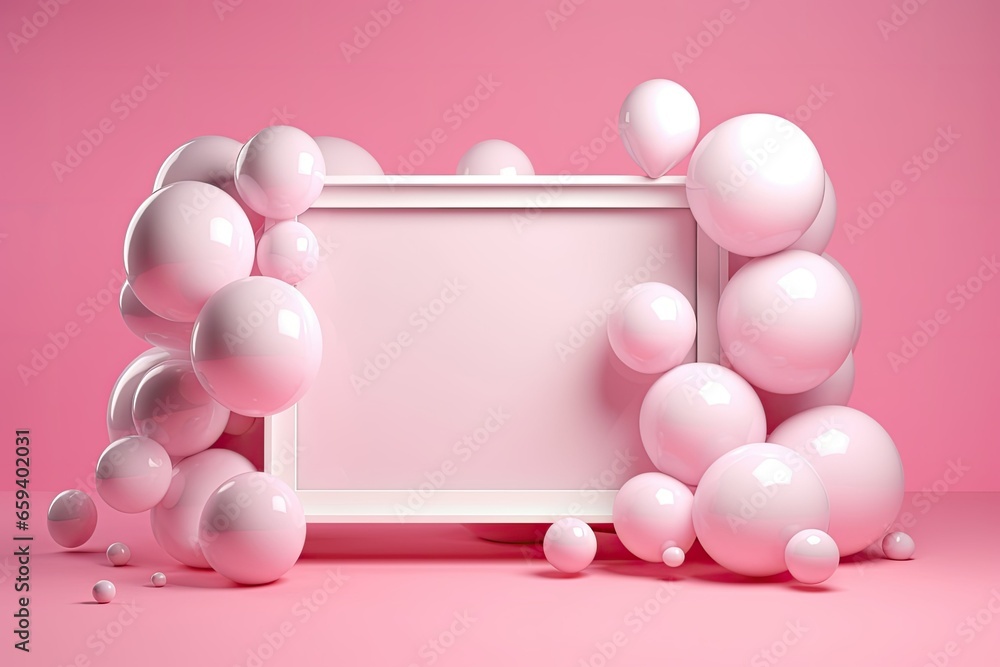 birthday scene with balloons, gifts and blank board, in the style of pastel hues, , silver and magenta birthday scene with balloons, gifts and blank board, in the style of pastel hues, , silver and magenta