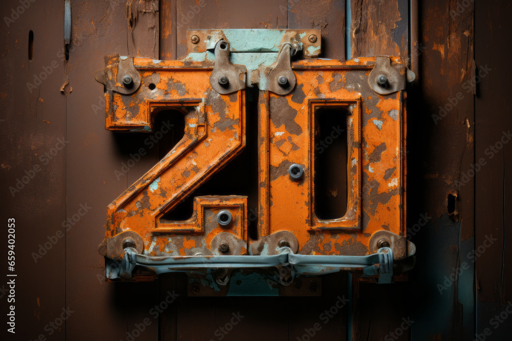 Old and rusty number 20. Number on a door. Orange number. Old and rusty number 20. Number on a door. Orange number.