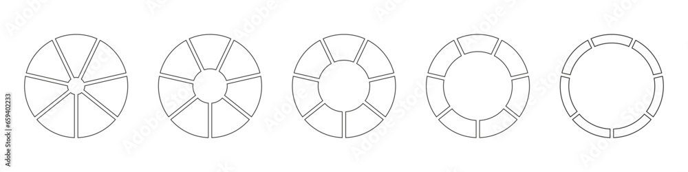 Wheels round divided in seven sections. Outline donut charts or pies segmented on 7 equal parts. Diagrams infographic set. Circle section graph line art. Pie chart icons. Geometric element. Vector. - obrazy, fototapety, plakaty 