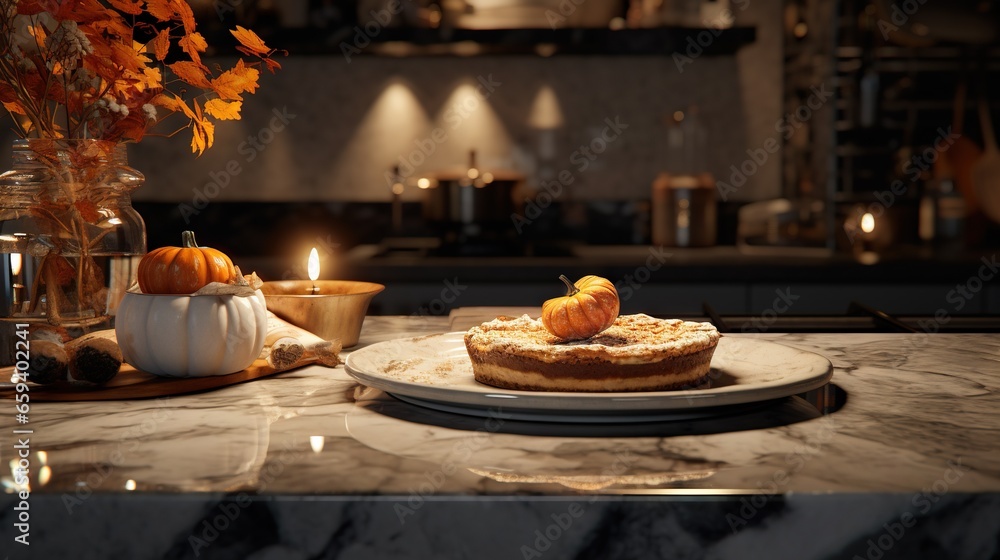  a table topped with a cake covered in frosting and pumpkins.  generative ai