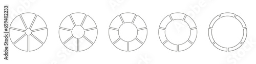 Wheels round divided in seven sections. Outline donut charts or pies segmented on 7 equal parts. Diagrams infographic set. Circle section graph line art. Pie chart icons. Geometric element. Vector.