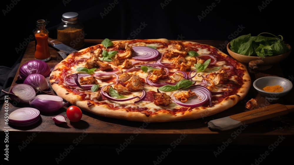  a pizza sitting on top of a wooden cutting board next to a bowl of vegetables.  generative ai